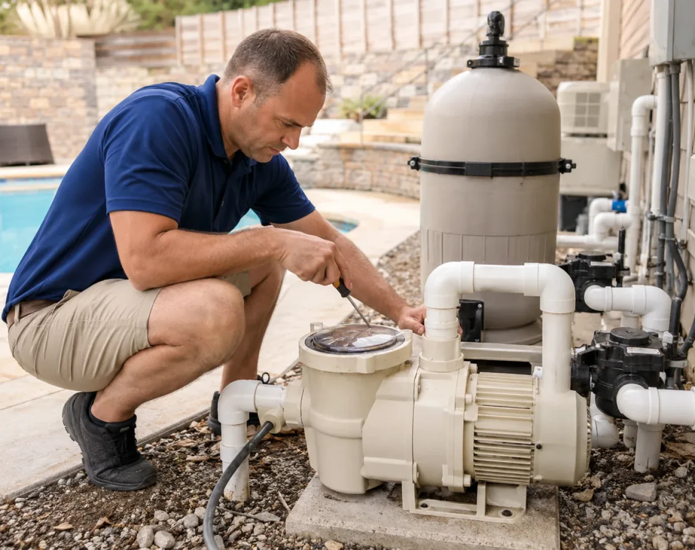Pool Pump Repair in Santa Clarita - CA as a technician tests a noisy equipment motor, Pool Heater Repair in Santa Clarita - CA as a technician checks heater controls beside a backyard pool